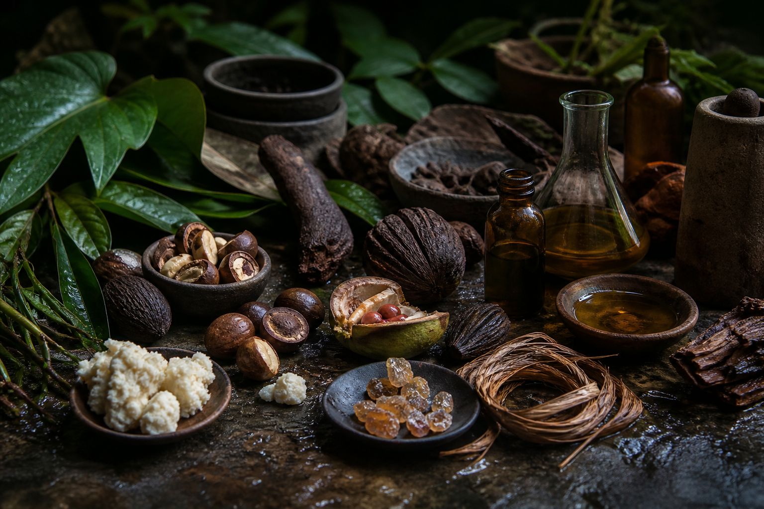 Matérias-primas vegetais, sementes, óleos e folhas que evocam ingredientes da biodiversidade amazônica usados nos biocosméticos Telúrica.